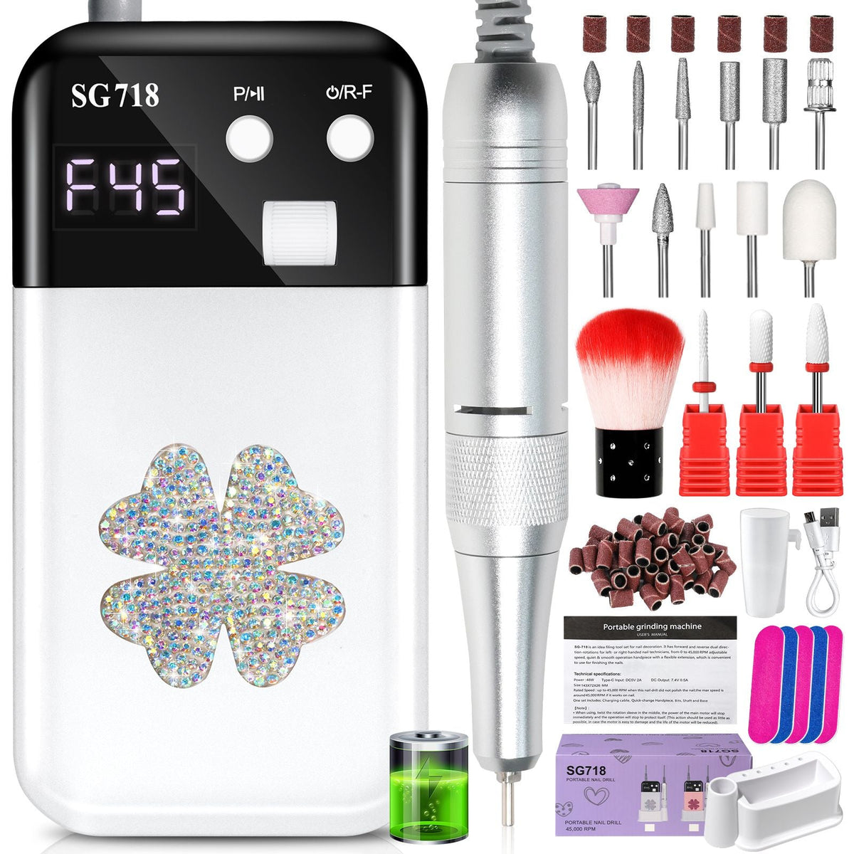 Nail Drill, Portable Electric Nail File 45000RPM, Rechargeable Nail Drill Professional with Bits & Base, for Acrylic Gel Nails, E-File Machine, Manicure Polishing, for Salon Home 7DAY'S