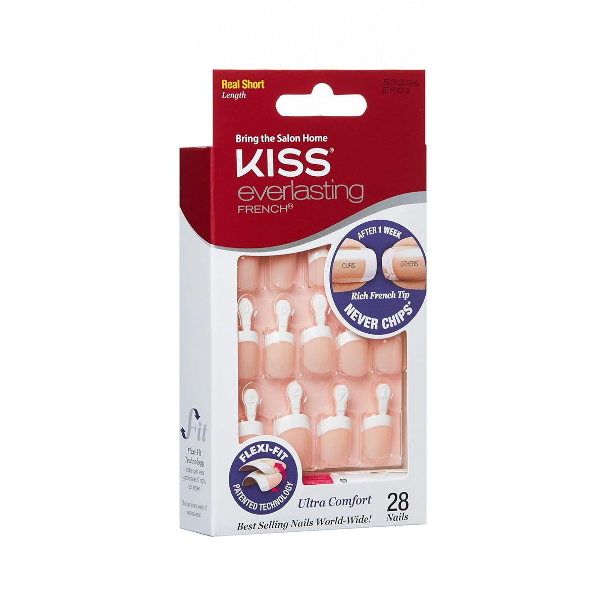 Kiss Everlasting French Nail Manicure, Chip-Free with Flexi-Fit Technology, Real Short, "Endless", Nail Kit with Pink Nail Glue (Net Wt. 2 g / 0.07oz.), Mini File, Manicure Stick, and 28 Fake Nails 7DAY'S
