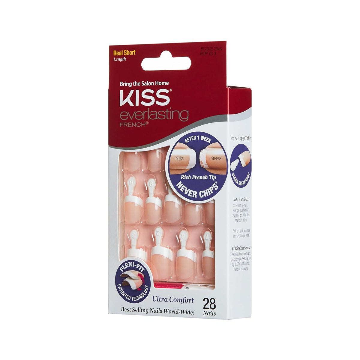 Kiss Everlasting French Nail Manicure, Chip-Free with Flexi-Fit Technology, Real Short, "Endless", Nail Kit with Pink Nail Glue (Net Wt. 2 g / 0.07oz.), Mini File, Manicure Stick, and 28 Fake Nails 7DAY'S