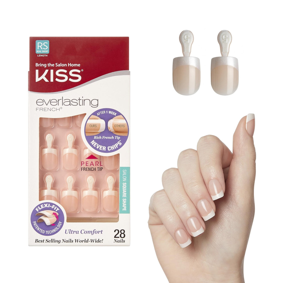 Kiss Everlasting French Nail Manicure, Chip-Free with Flexi-Fit Technology, Real Short, "Endless", Nail Kit with Pink Nail Glue (Net Wt. 2 g / 0.07oz.), Mini File, Manicure Stick, and 28 Fake Nails 7DAY'S