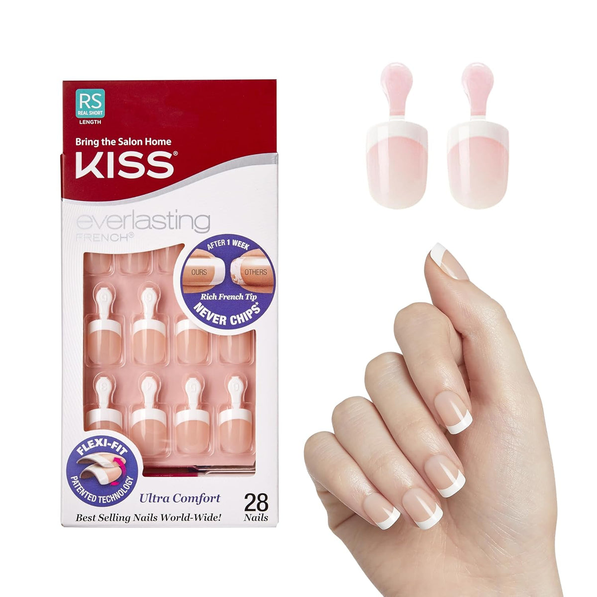 Kiss Everlasting French Nail Manicure, Chip-Free with Flexi-Fit Technology, Real Short, "Endless", Nail Kit with Pink Nail Glue (Net Wt. 2 g / 0.07oz.), Mini File, Manicure Stick, and 28 Fake Nails 7DAY'S