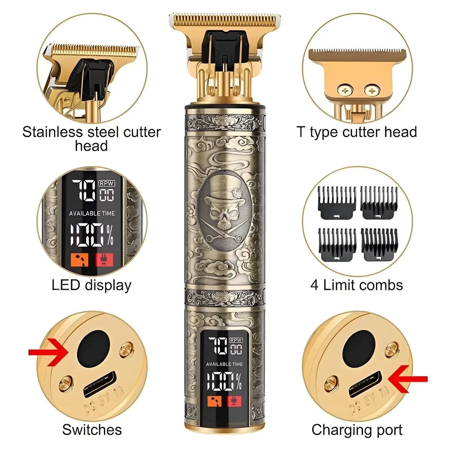 Professional Mens Hair Clippers Gold Cordless Trimmer ARBA Global