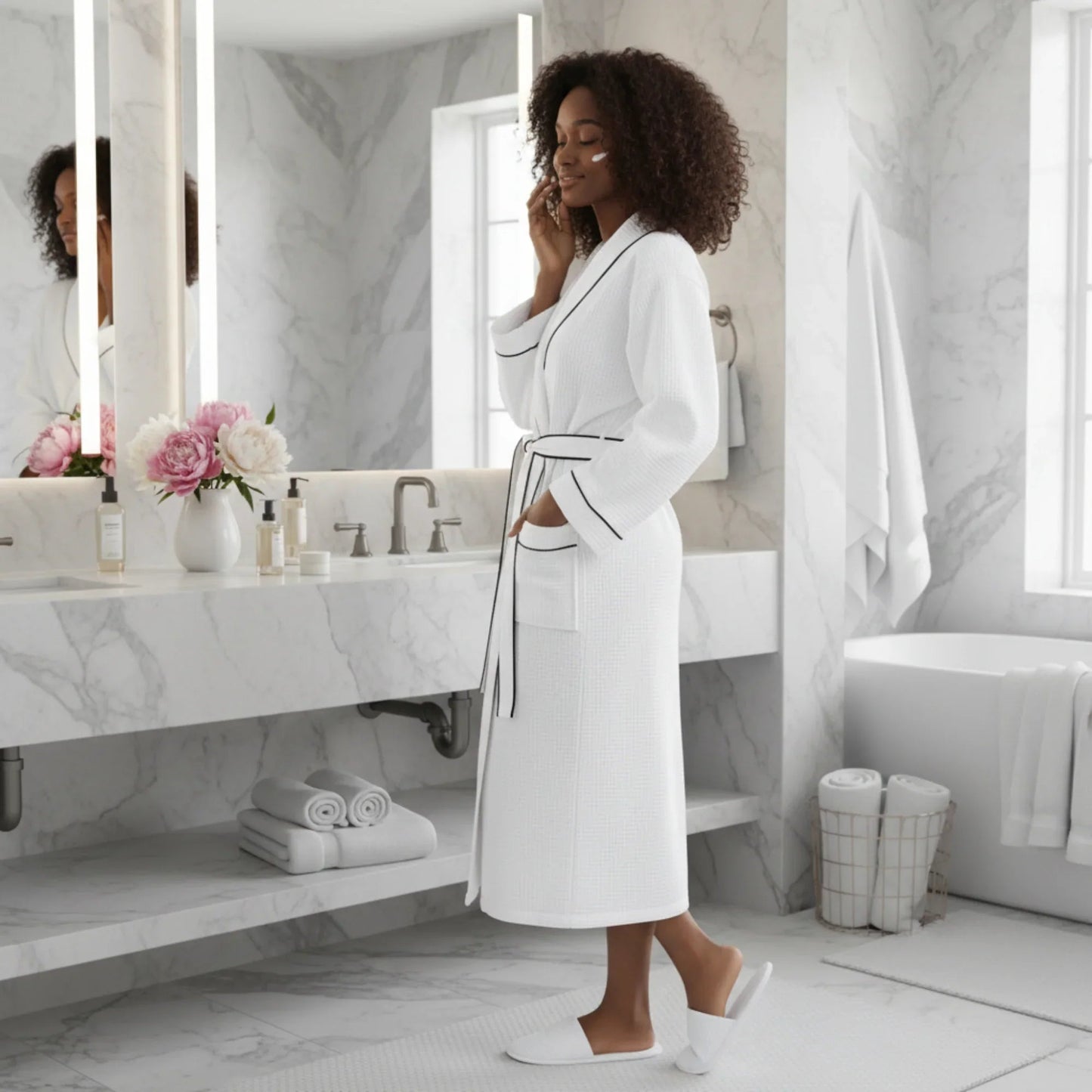 Women’s Waffle Piping Bathrobe – Lightweight Spa-Style Comfort Lotus Linen