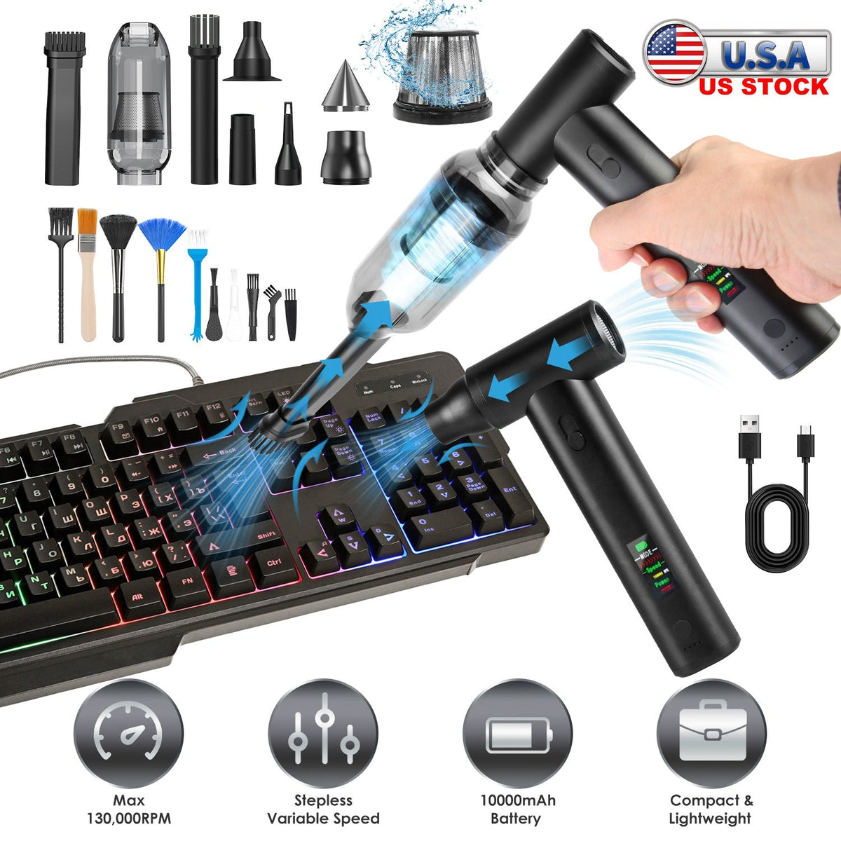 Compressed Air Duster Brushless Motor 130000RPM Stepless Variable Speed 1WmAh Battery Cordless Dust Blower Vacuum Cleaner Portable Jet Dry Blower for GBruno Store