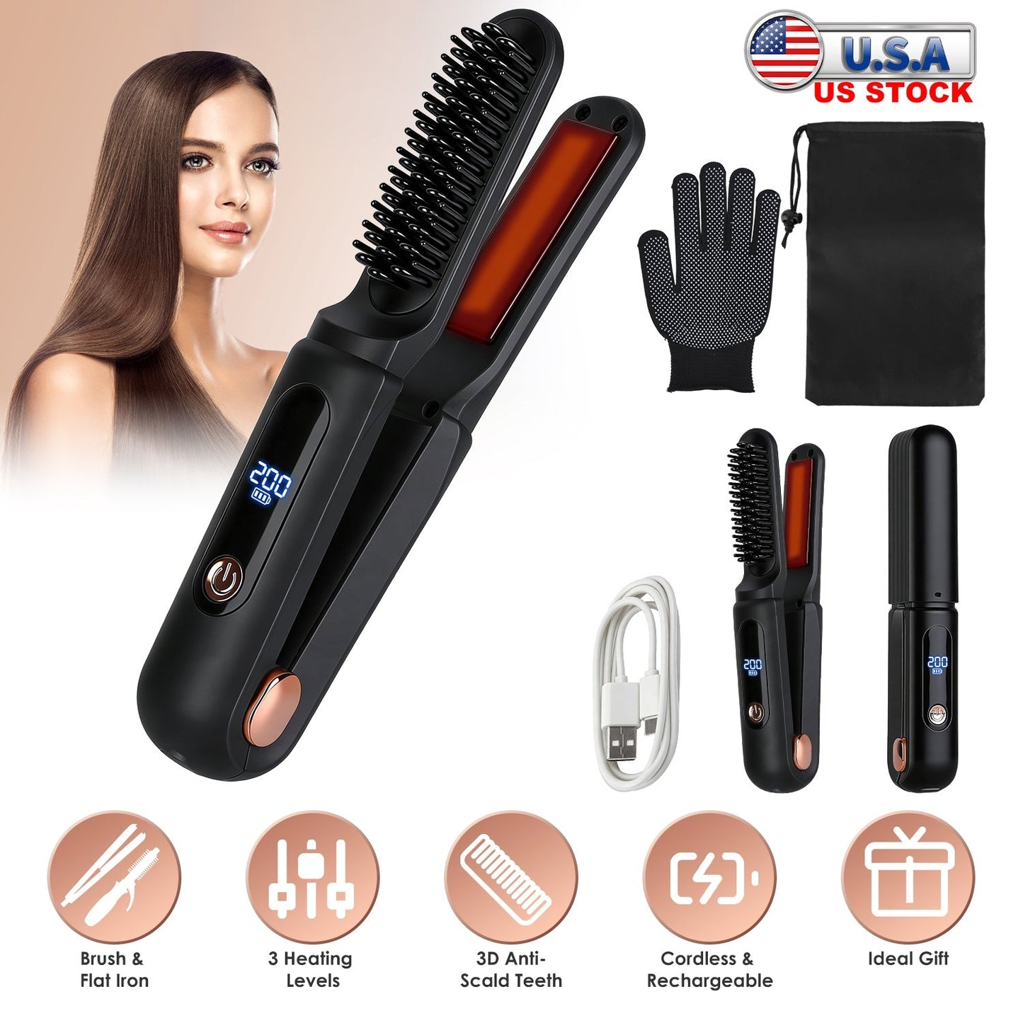 Cordless Hair Straightener Brush 2-in-1 Ceramic Flat Iron GBruno Store