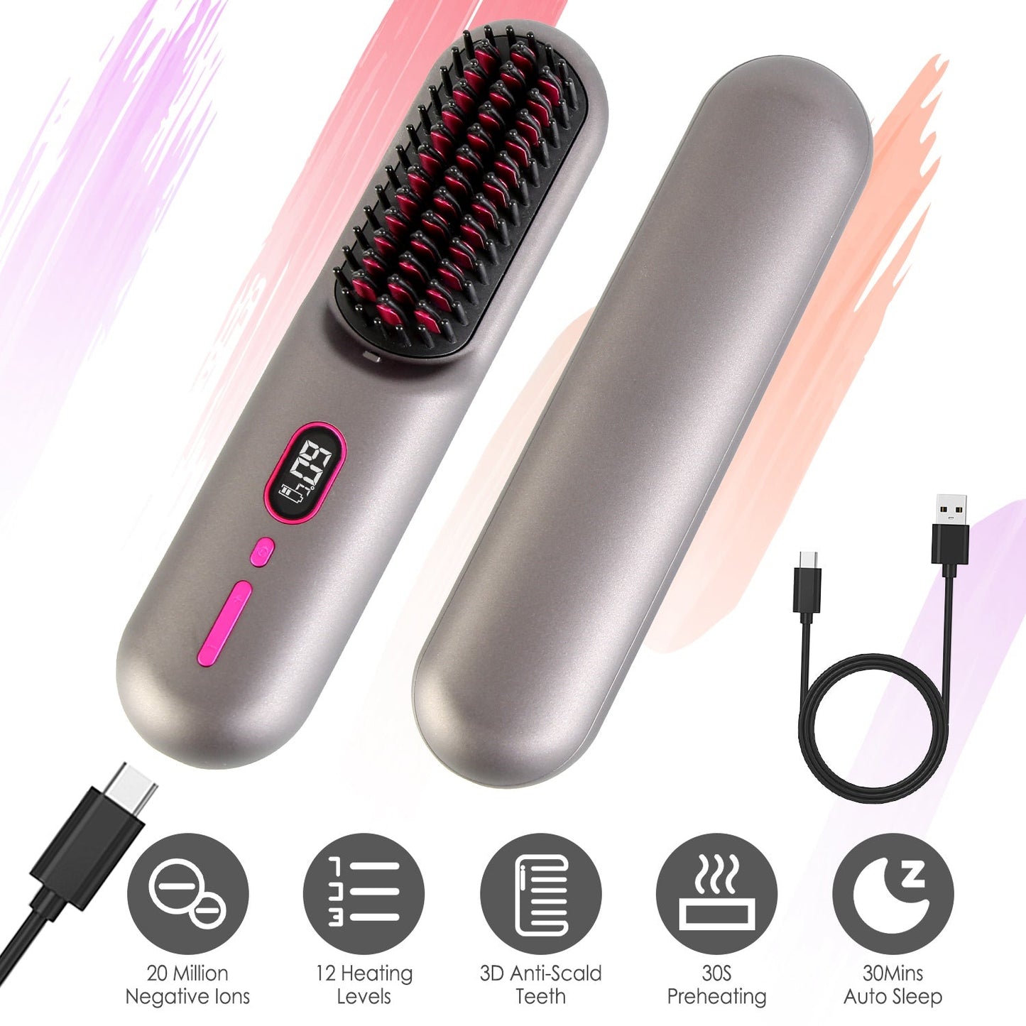 Cordless Negative Ion Hair Straightener Brush Rechargeable Mini Styling Comb with 12 Heating Levels Anti-scald 30S Preheating 30Mins Auto Sleep LCD Di GBruno Store