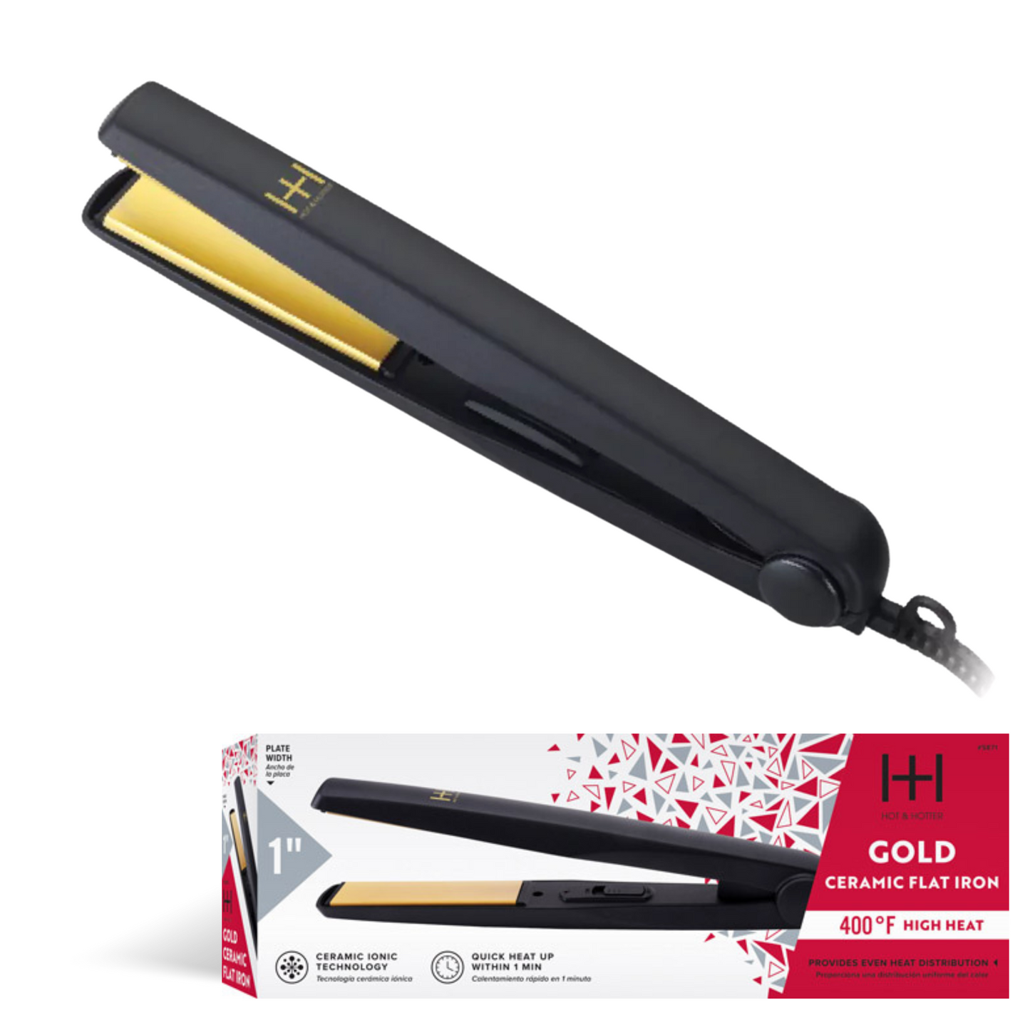 Hot & Hotter Gold Ceramic Electric Flat Iron 1 Inch, 1 Count, Black Annie International, Inc.
