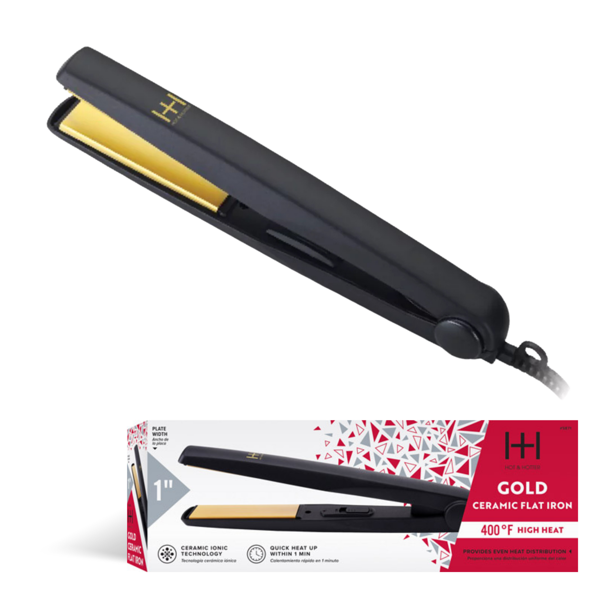 Hot & Hotter Gold Ceramic Electric Flat Iron 1 Inch, 1 Count, Black Annie International, Inc.