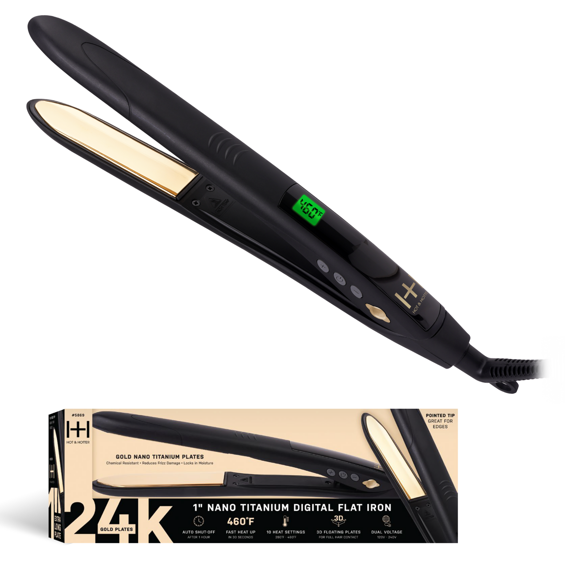 Hot & Hotter Digital Nano Titanium Flat Iron with Gold Plates 1 Inch, 1 Count, Black Annie International, Inc.