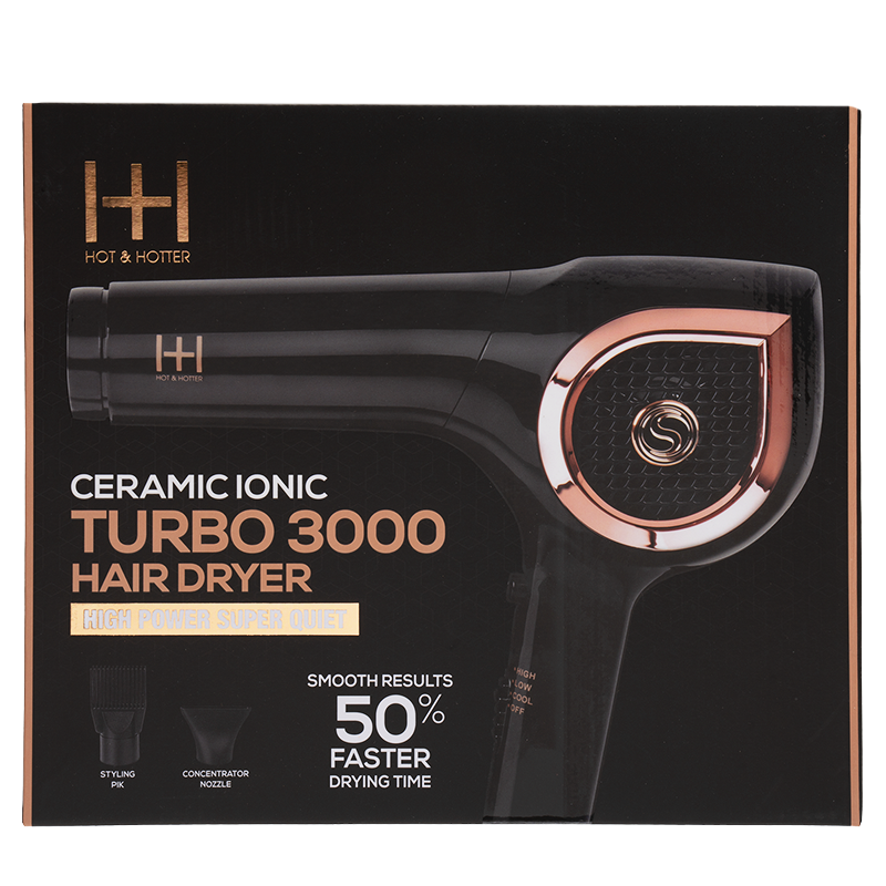 Hot & Hotter Ceramic Ionic Turbo 3000 Hair Dryer, 1 Count, Black & Rose Gold Annie International, Inc.