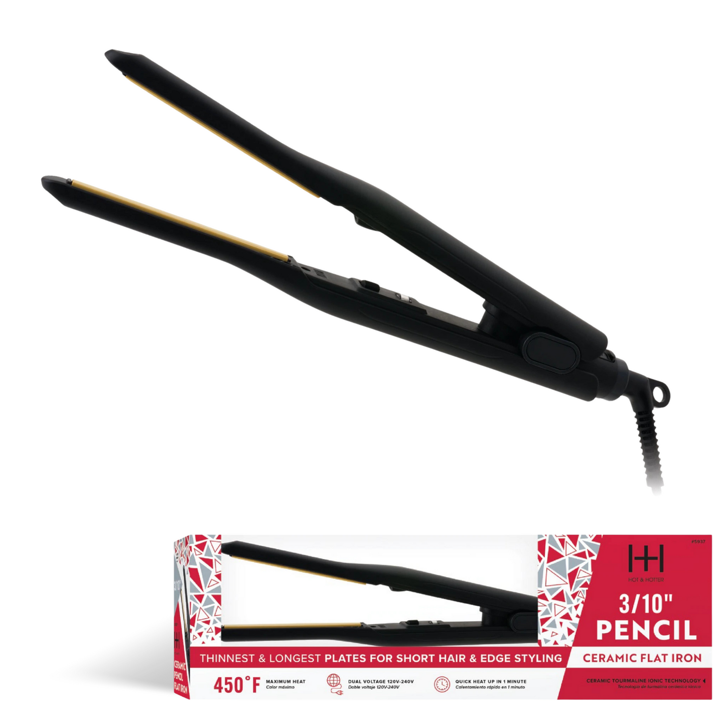 Hot & Hotter Pencil Ceramic Tourmaline Flat Iron 3/10 Inch, 1 Count Thin Hair Straightener, Black Annie International, Inc.
