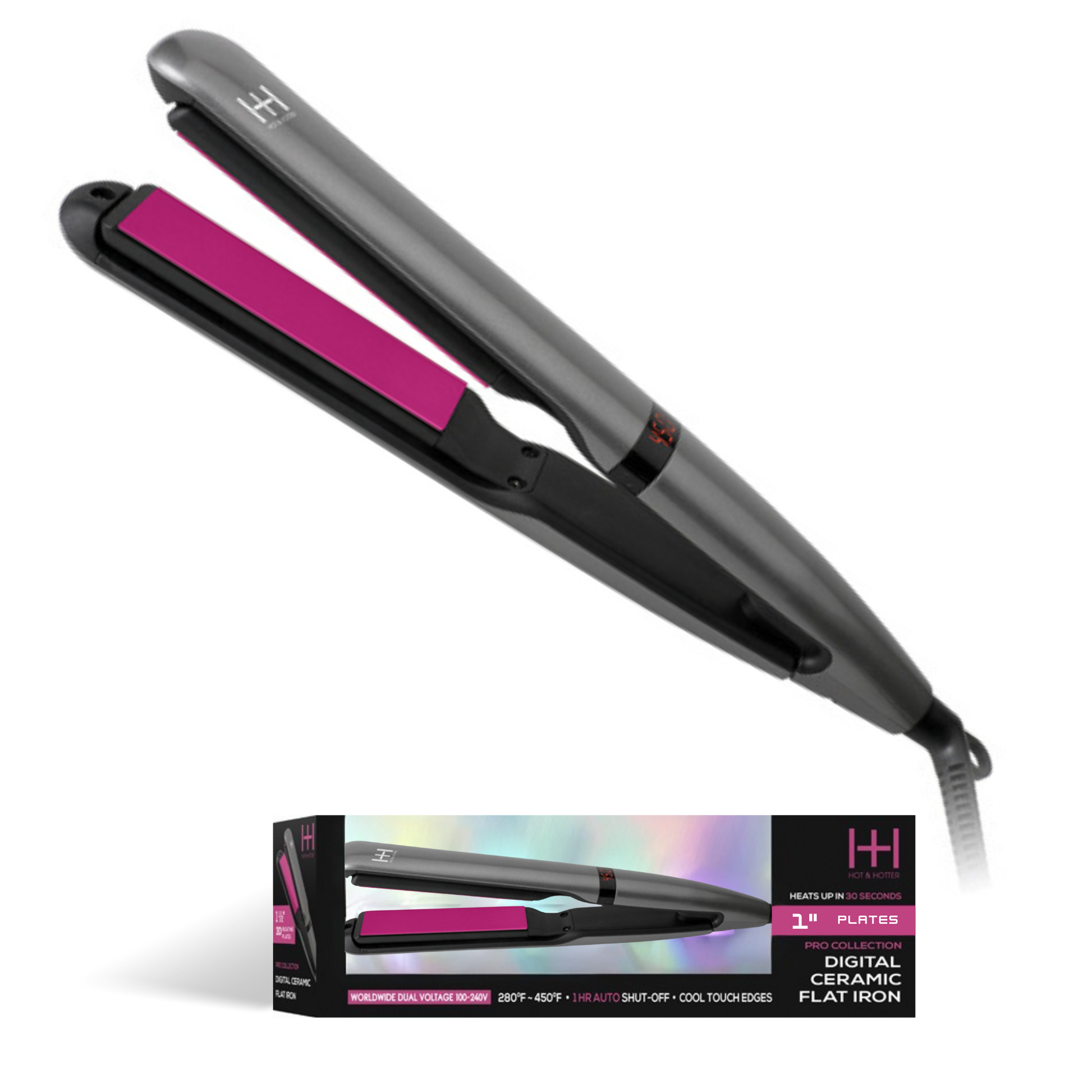 Hot & Hotter 3D Floating Plates Digital Ceramic Flat Iron 1 Inch, 1 Count, Black & Pink Annie International, Inc.