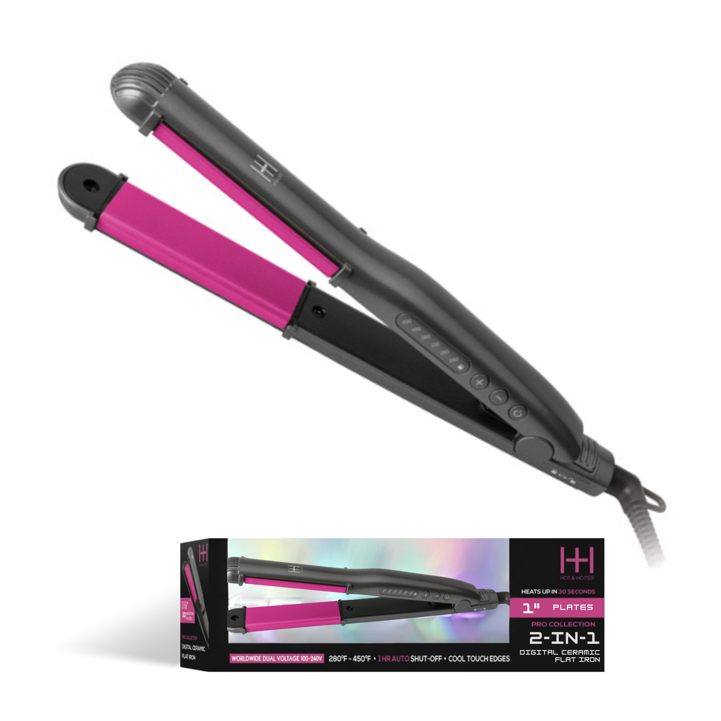 Hot & Hotter 2 in 1 Digital Ceramic Flat Iron 1 Inch, 1 Count, Black & Pink Annie International, Inc.