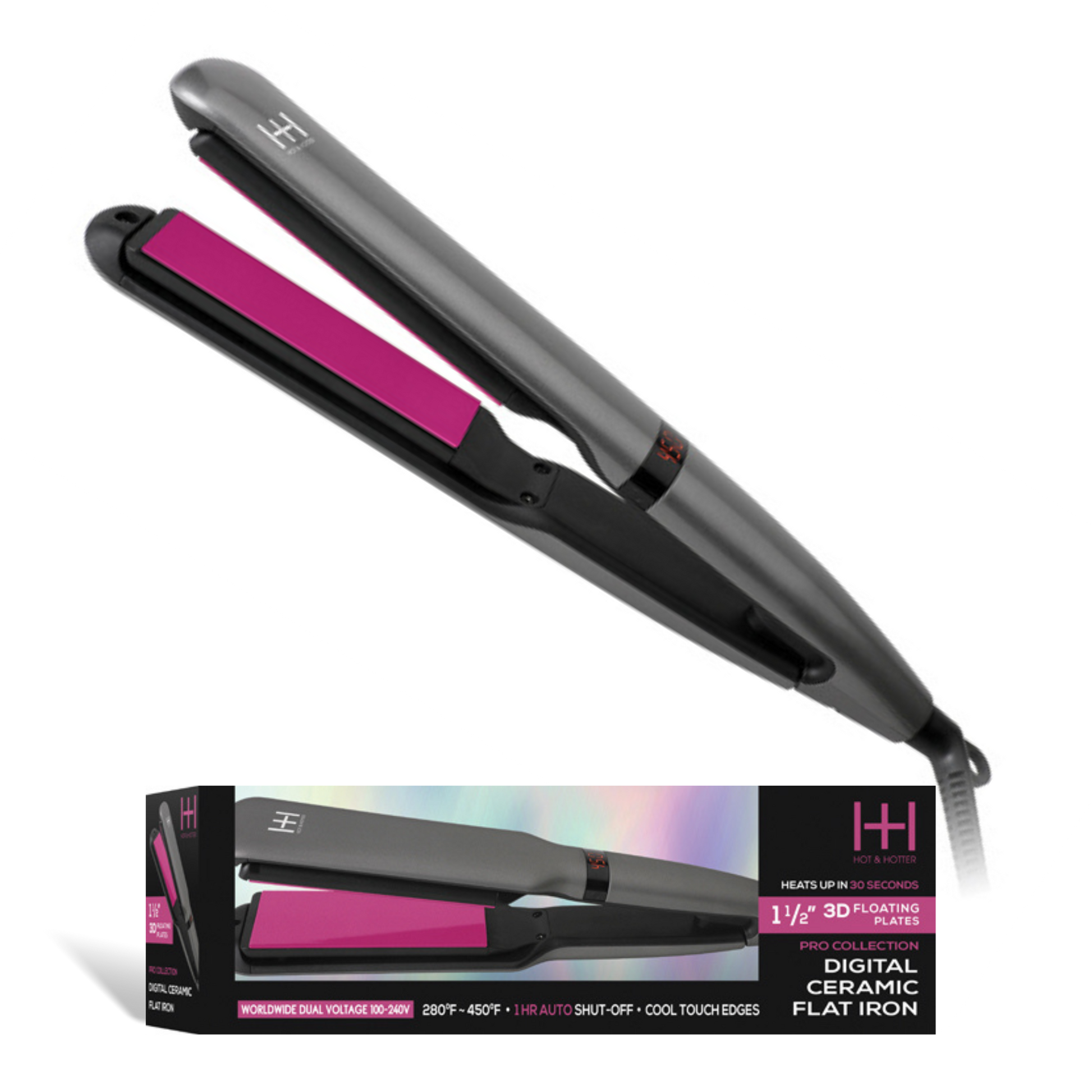 Hot & Hotter 3D Floating Plates Digital Ceramic Flat Iron 1 1/2 Inch, 1 Count, Black & Pink Annie International, Inc.