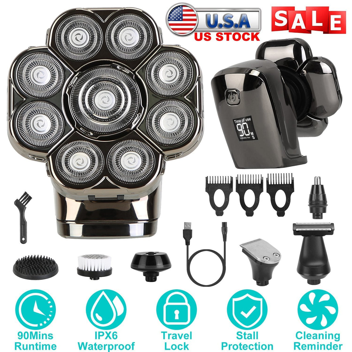 6 In 1 9D Electric Head Shaver for Men Cordless Rechargeable Wet Dry Razor with LED Display Travel Lock Stall Protection Cleaning Reminder GBruno Store