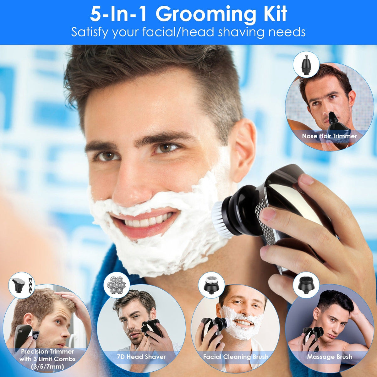Head Shavers for Bald Men 5 In 1 7D Electric Rotary Razor Rechargeable Cordless Head Beard Trimmer Shaver Kit IPX6 Waterproof Dry Wet Grooming Kit wit GBruno Store