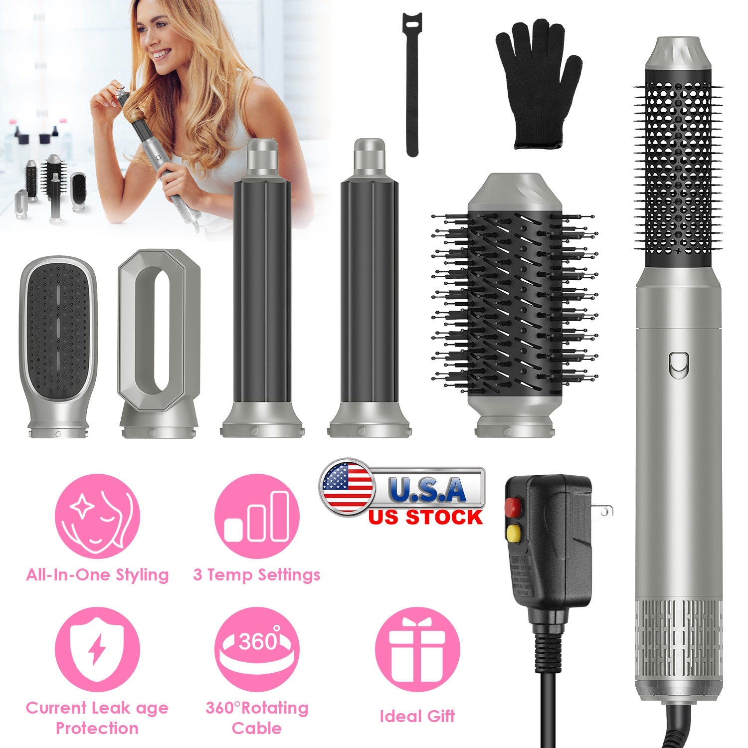 6 In 1 Hot Air Styler Volumizer Straightener Curler Dryer Automatic Wrap Styler Hair Dryer Brush Set with 3 Temp Settings ALCI Plug Glove Cable Zip Ti GBruno Store