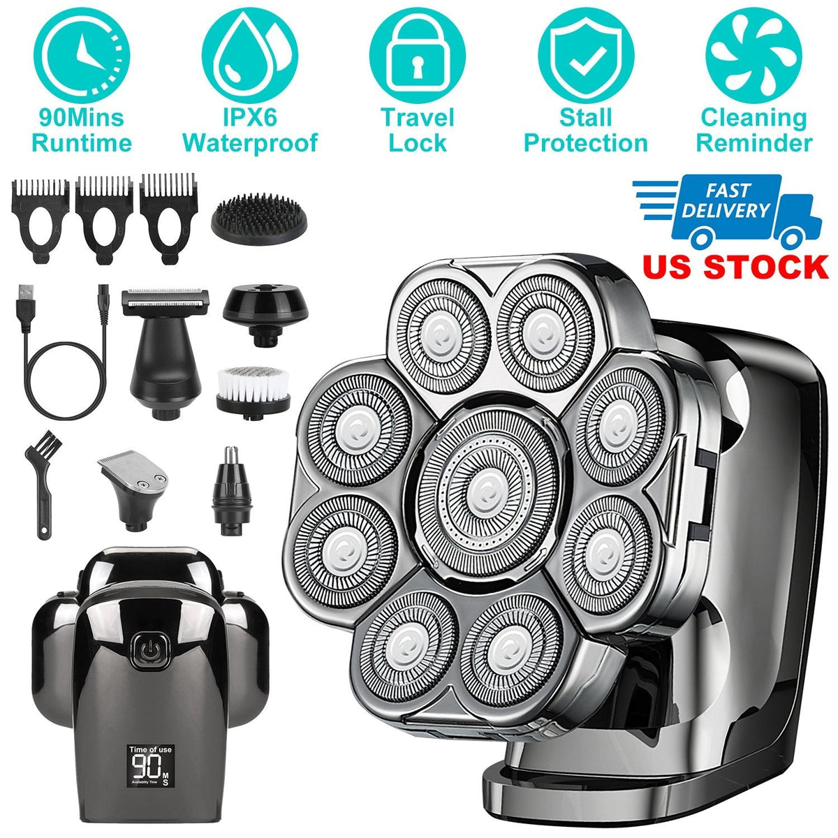 6 In 1 9D Electric Head Shaver for Men Cordless Rechargeable Wet Dry Razor with LED Display Travel Lock Stall Protection Cleaning Reminder GBruno Store