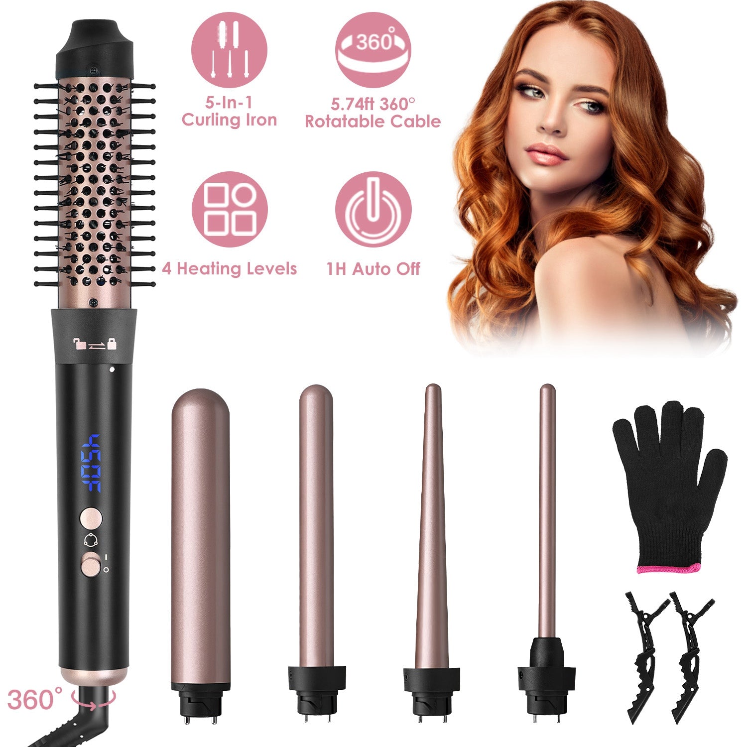 5 in 1 Curling Wand Hair Curling Iron Brush Anti-Tangle HairÊThermal Brush Curler with 4 Heating Levels 360¡ Rotatable Cable 5 Interchangeable Barrels GBruno Store