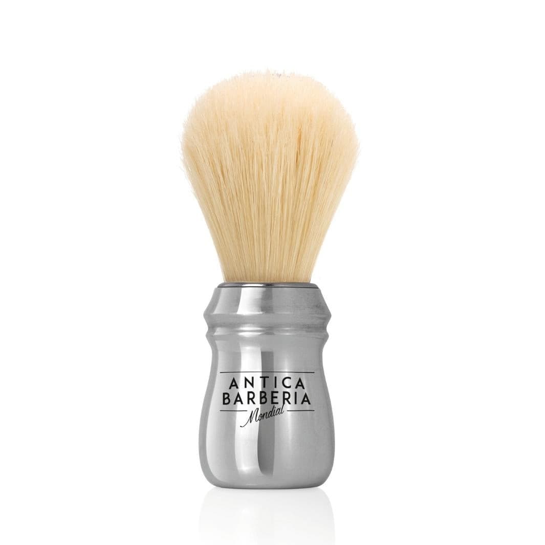 Professional Lathering Brush: Silver Brushed Aluminum with Bleached Bristle Antica Barberia Mondial US