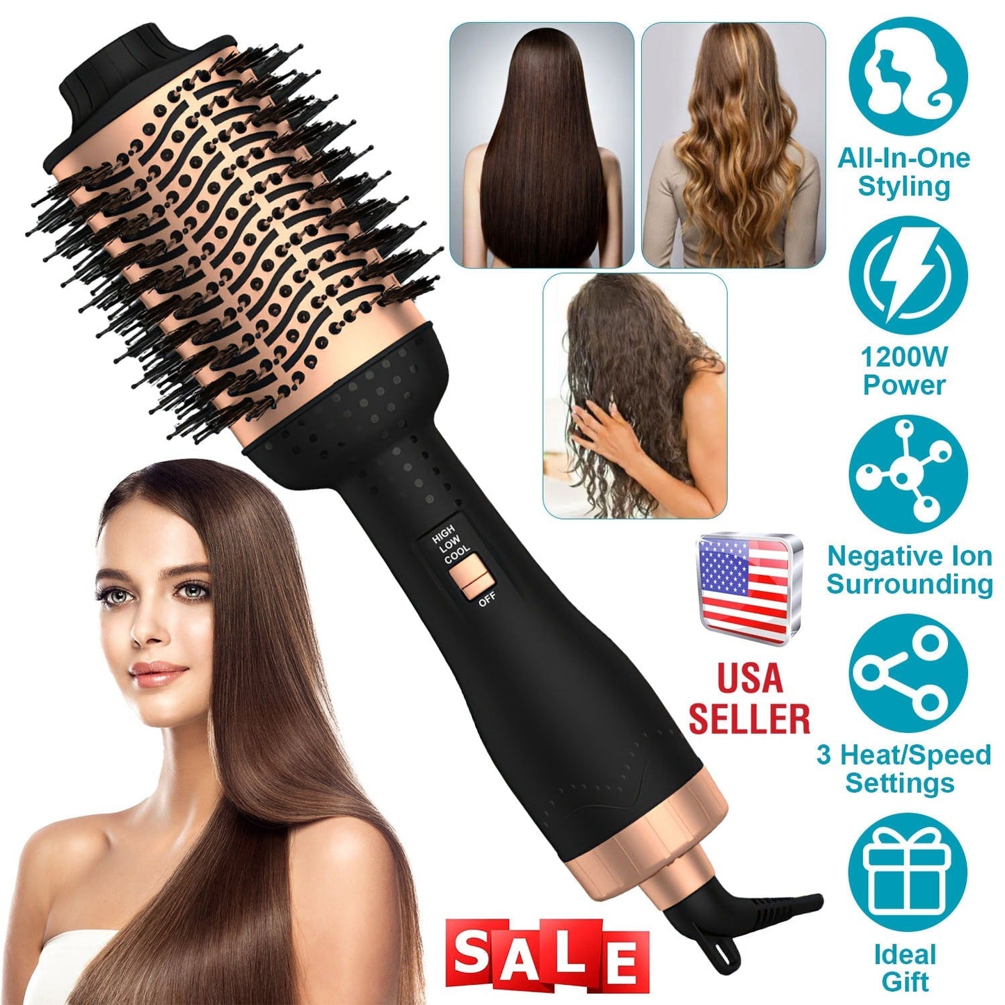 4 In 1 Hair Dryer Brush Curling Brush Hair Styler Volumizer Straightener Negative Ion Anti-frizz Hot-Air Hair Brush for All Hair Types Black White GBruno Store