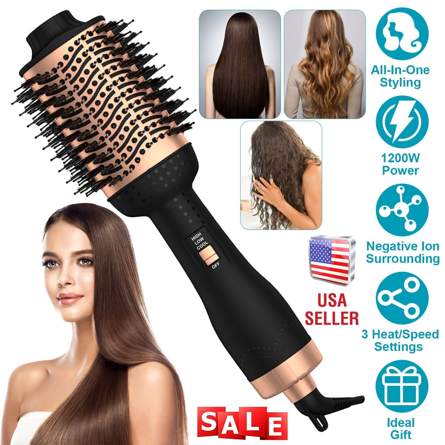 4 In 1 Hair Dryer Brush Curling Brush Hair Styler Volumizer Straightener Negative Ion Anti-frizz Hot-Air Hair Brush for All Hair Types Black White GBruno Store