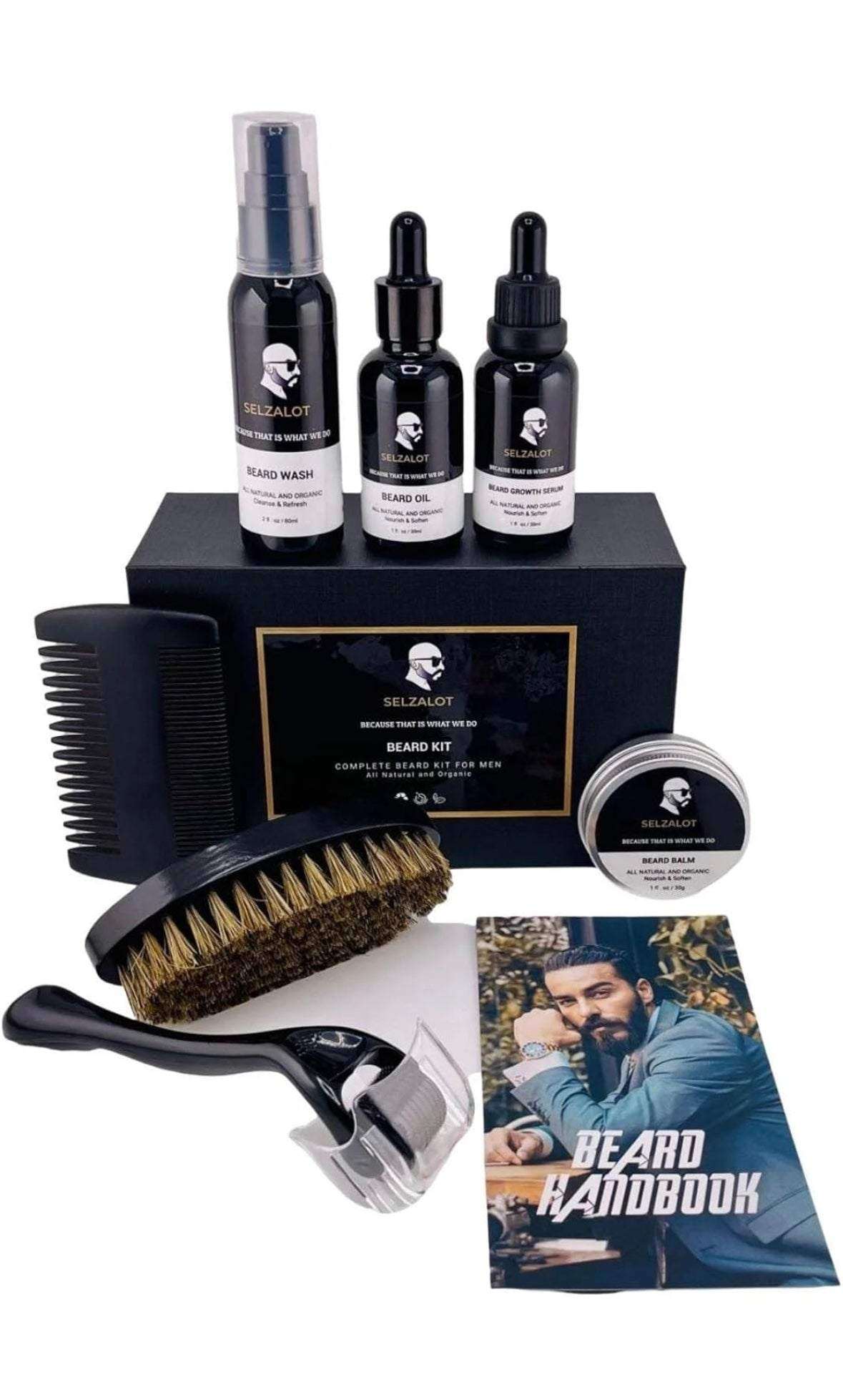 SELZALOT Beard Growth Kit Facial Hairs Men's Grooming Set 7 Pieces Beard Products with Oil, Serum, Balm, Shampoo, Comb, Brush and Hand Beard Care Kit for Men Men Self Care Selzalot