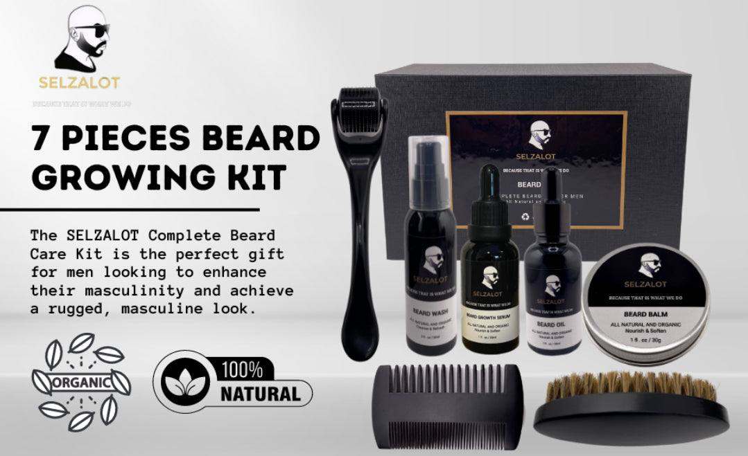SELZALOT Beard Growth Kit Facial Hairs Men's Grooming Set 7 Pieces Beard Products with Oil, Serum, Balm, Shampoo, Comb, Brush and Hand Beard Care Kit for Men Men Self Care Selzalot