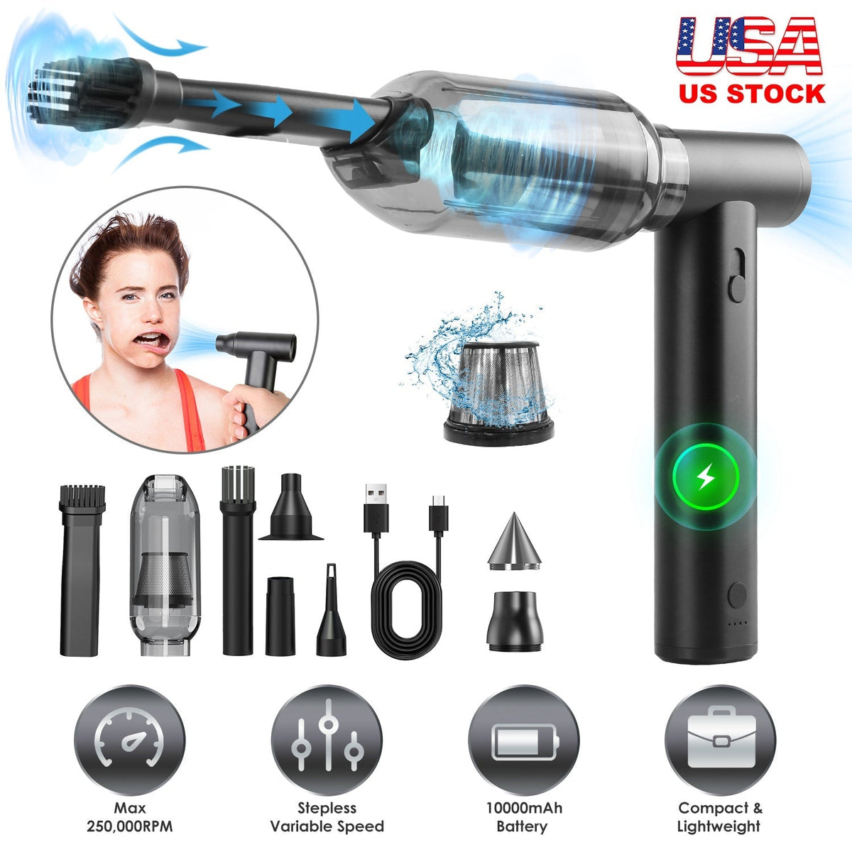 Compressed Air Duster Brushless Motor 250000RPM Stepless Variable Speed 10000mAh Battery Cordless Dust Blower Vacuum Cleaner Portable Jet Dry Blower f GBruno Store