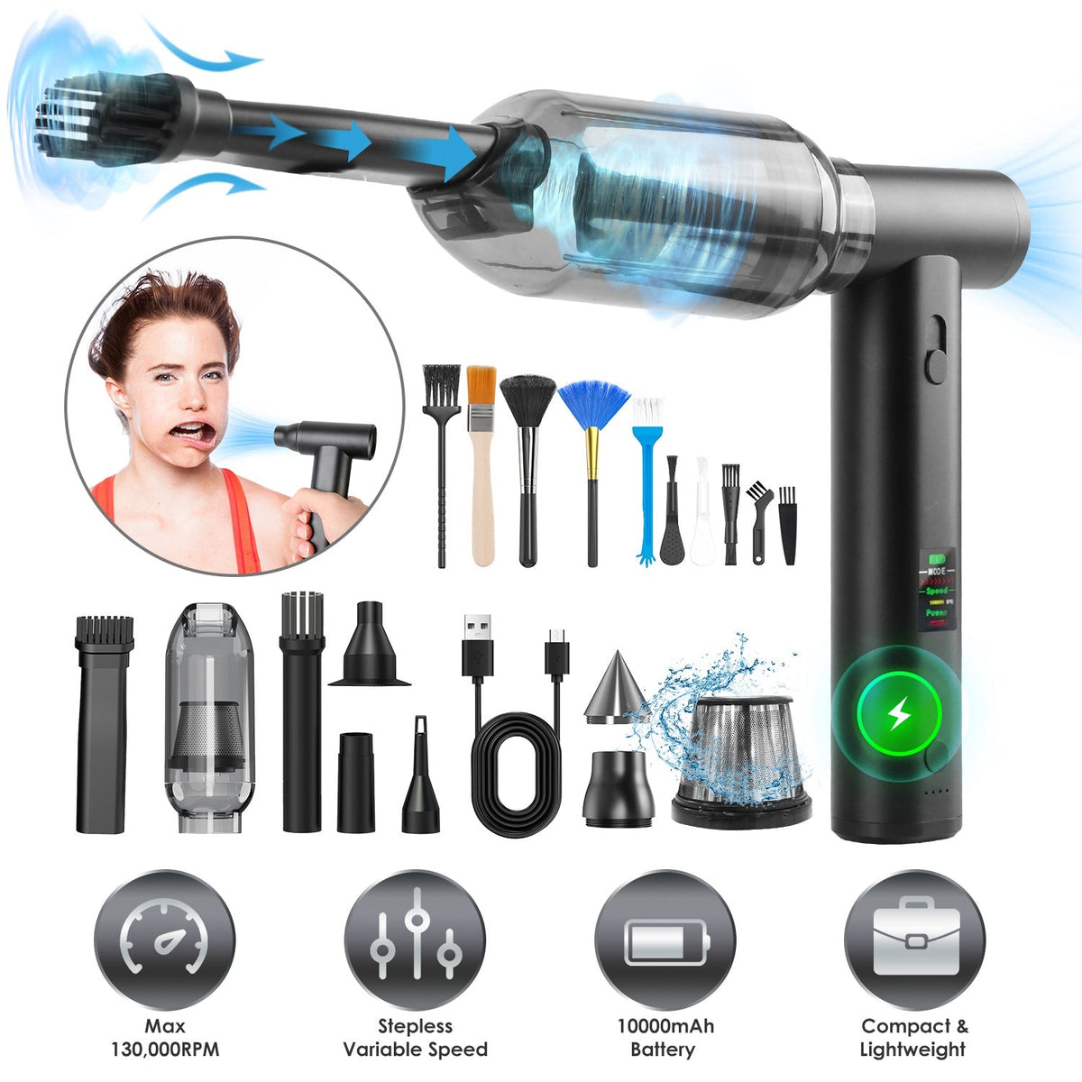 Compressed Air Duster Brushless Motor 130000RPM Stepless Variable Speed 1WmAh Battery Cordless Dust Blower Vacuum Cleaner Portable Jet Dry Blower for GBruno Store