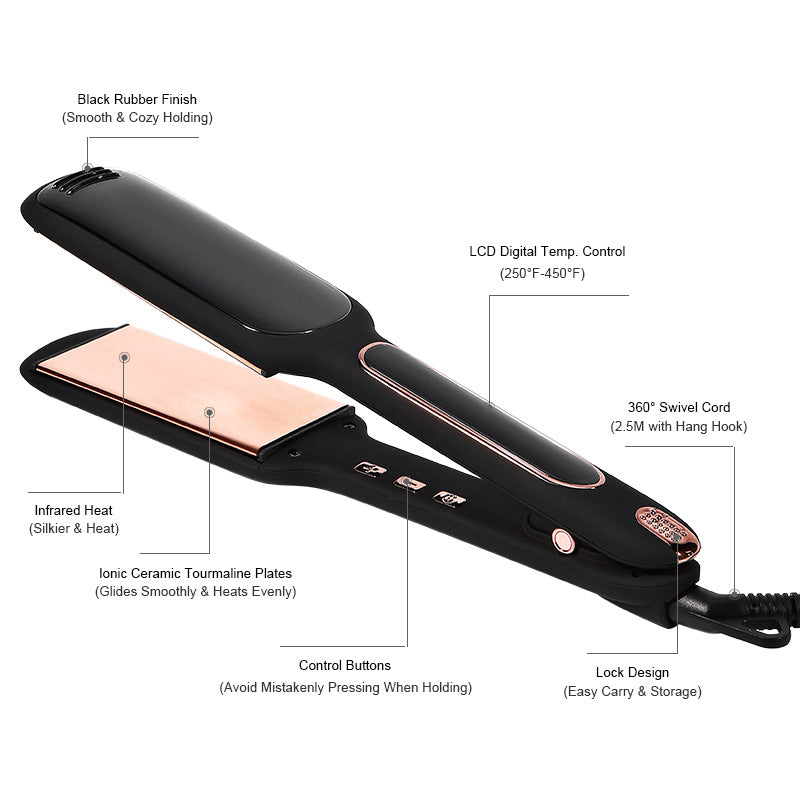 Cross-Border Exclusively For Lcd Display Infrared Hair Care Straightener Black Wide Plate Hair Straightener Elyvora LLC