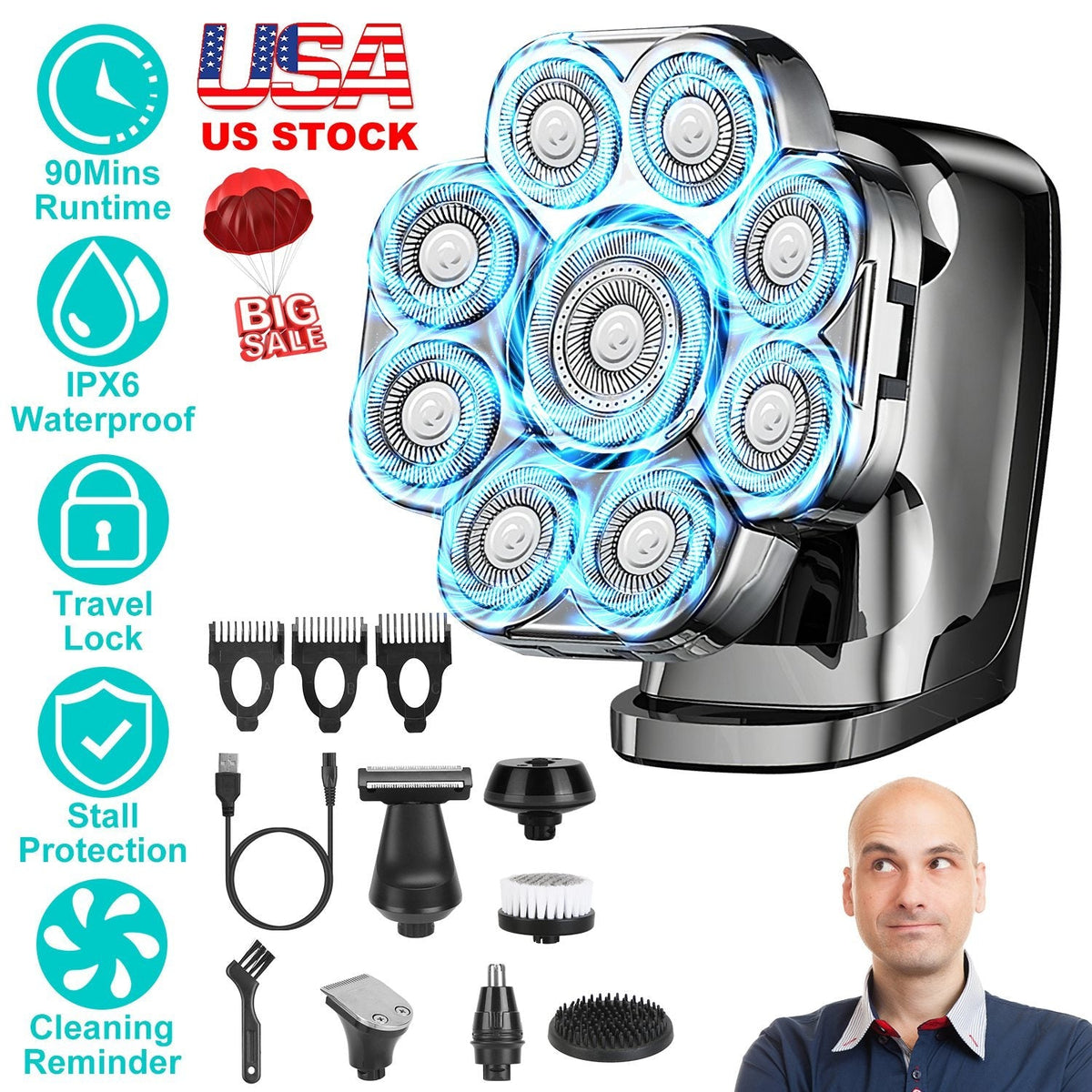 6 In 1 9D Electric Head Shaver for Men Cordless Rechargeable Wet Dry Razor with LED Display Travel Lock Stall Protection Cleaning Reminder GBruno Store