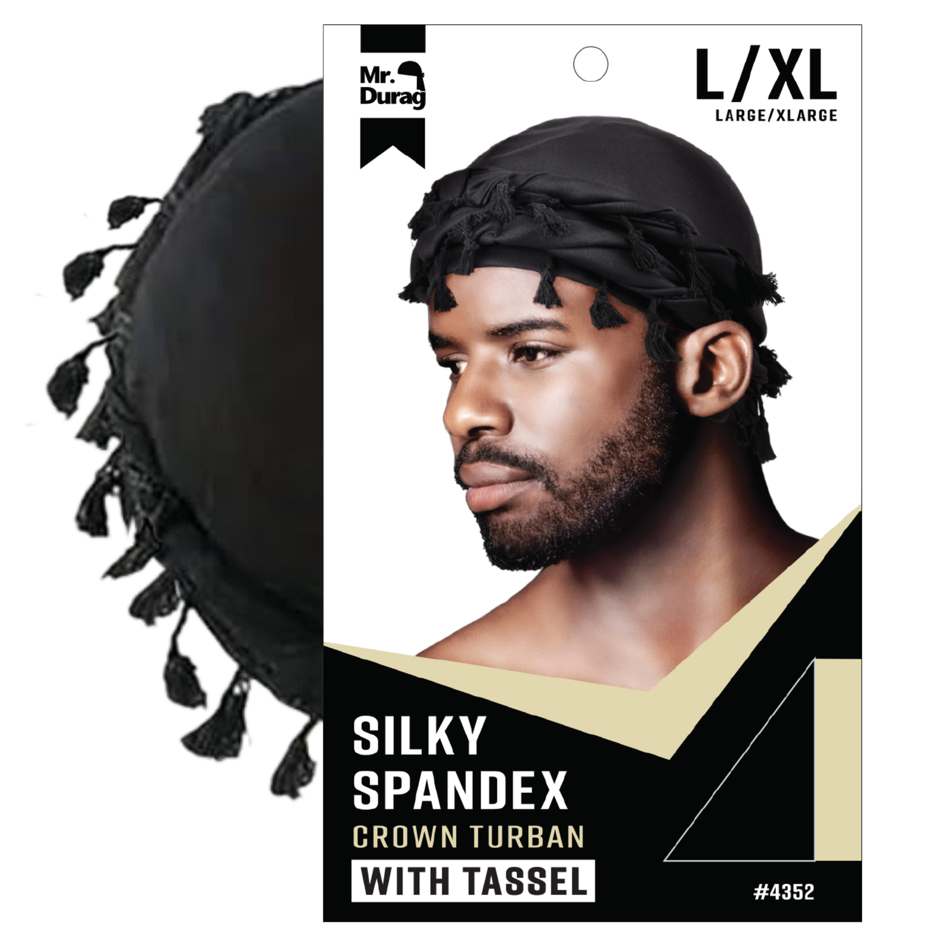 Mr. Durag Silky Spandex Crown Turban with Tassel L/XL, 1 Count Men's Halo Turban, Black Annie International, Inc.