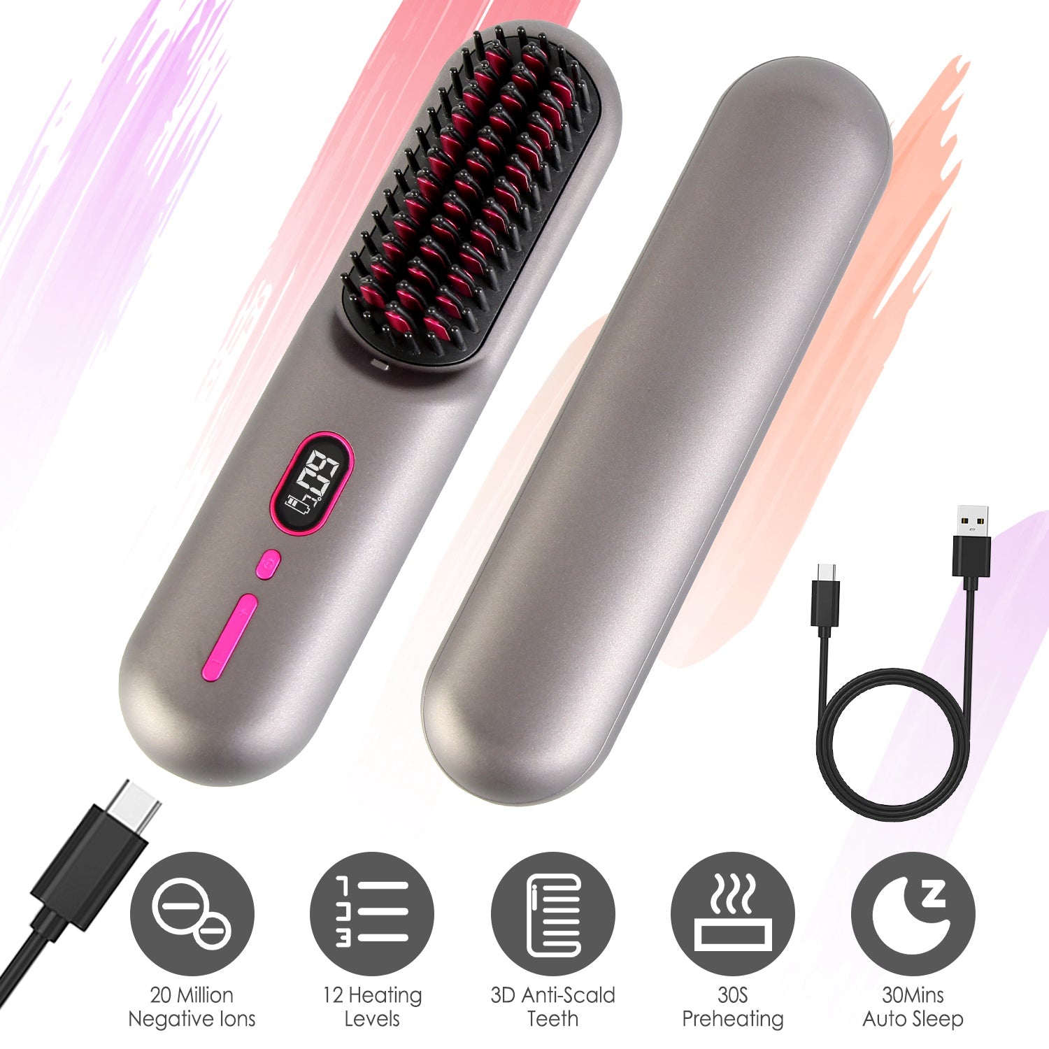 Cordless Negative Ion Hair Straightener Brush Rechargeable Mini Styling Comb with 12 Heating Levels Anti-scald 30S Preheating 30Mins Auto Sleep LCD Di GBruno Store