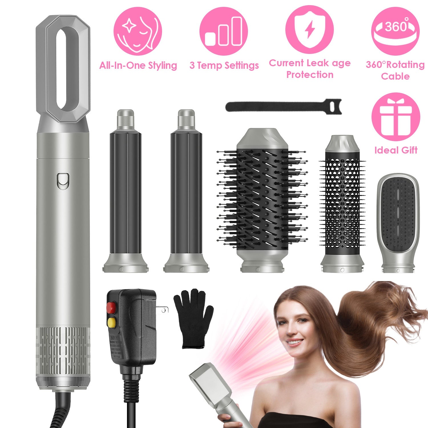 6 In 1 Hot Air Styler Volumizer Straightener Curler Dryer Automatic Wrap Styler Hair Dryer Brush Set with 3 Temp Settings ALCI Plug Glove Cable Zip Ti GBruno Store