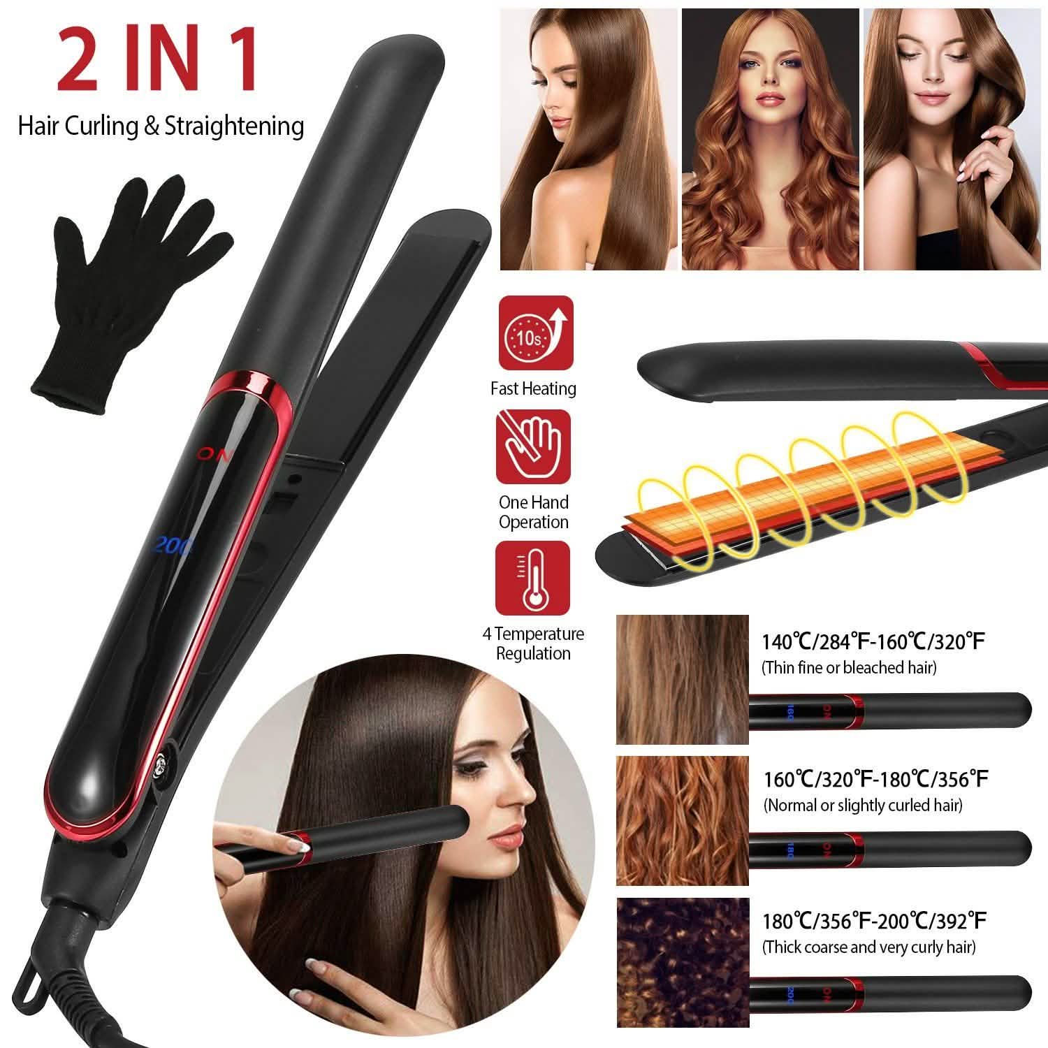 2-in-1 Twist Hair Straightener Ceramic Plate Hair Curler with Temperature Adjust LCD Display DailySale