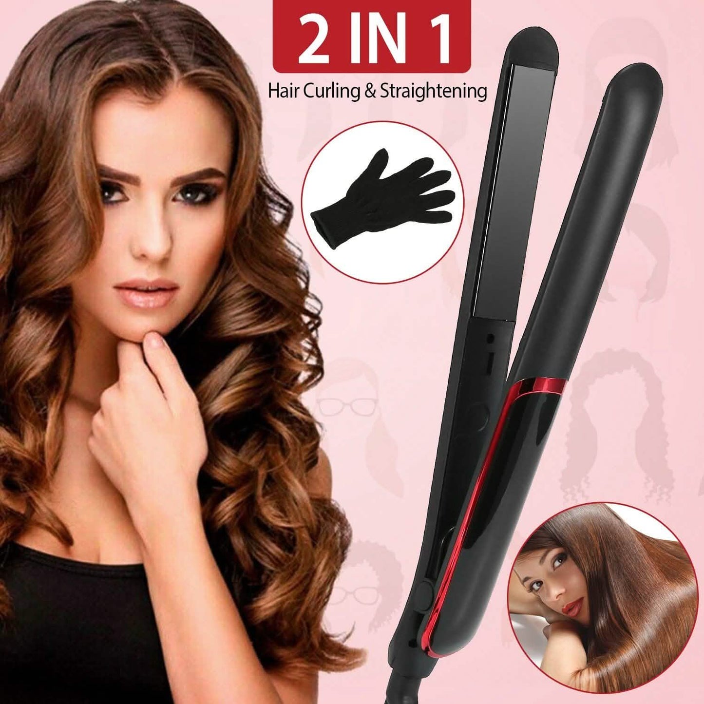 2-in-1 Twist Hair Straightener Ceramic Plate Hair Curler with Temperature Adjust LCD Display DailySale