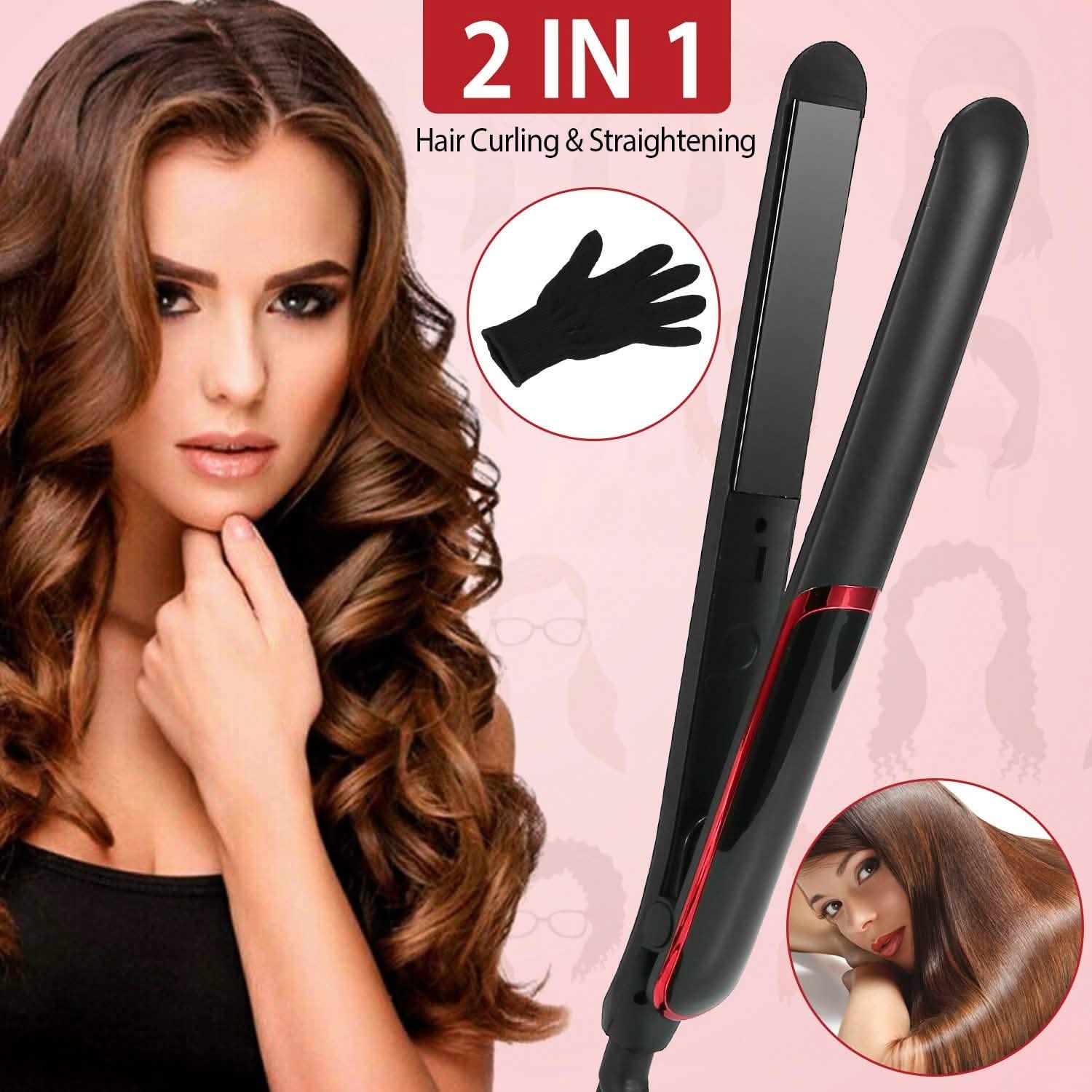 2-in-1 Twist Hair Straightener Ceramic Plate Hair Curler with Temperature Adjust LCD Display DailySale