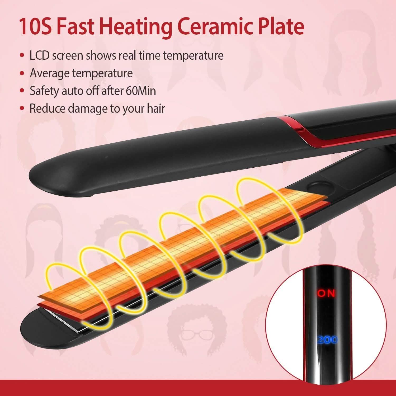 2-in-1 Twist Hair Straightener Ceramic Plate Hair Curler with Temperature Adjust LCD Display DailySale