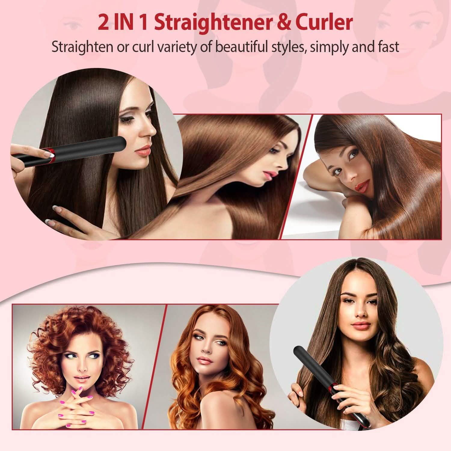 2-in-1 Twist Hair Straightener Ceramic Plate Hair Curler with Temperature Adjust LCD Display DailySale