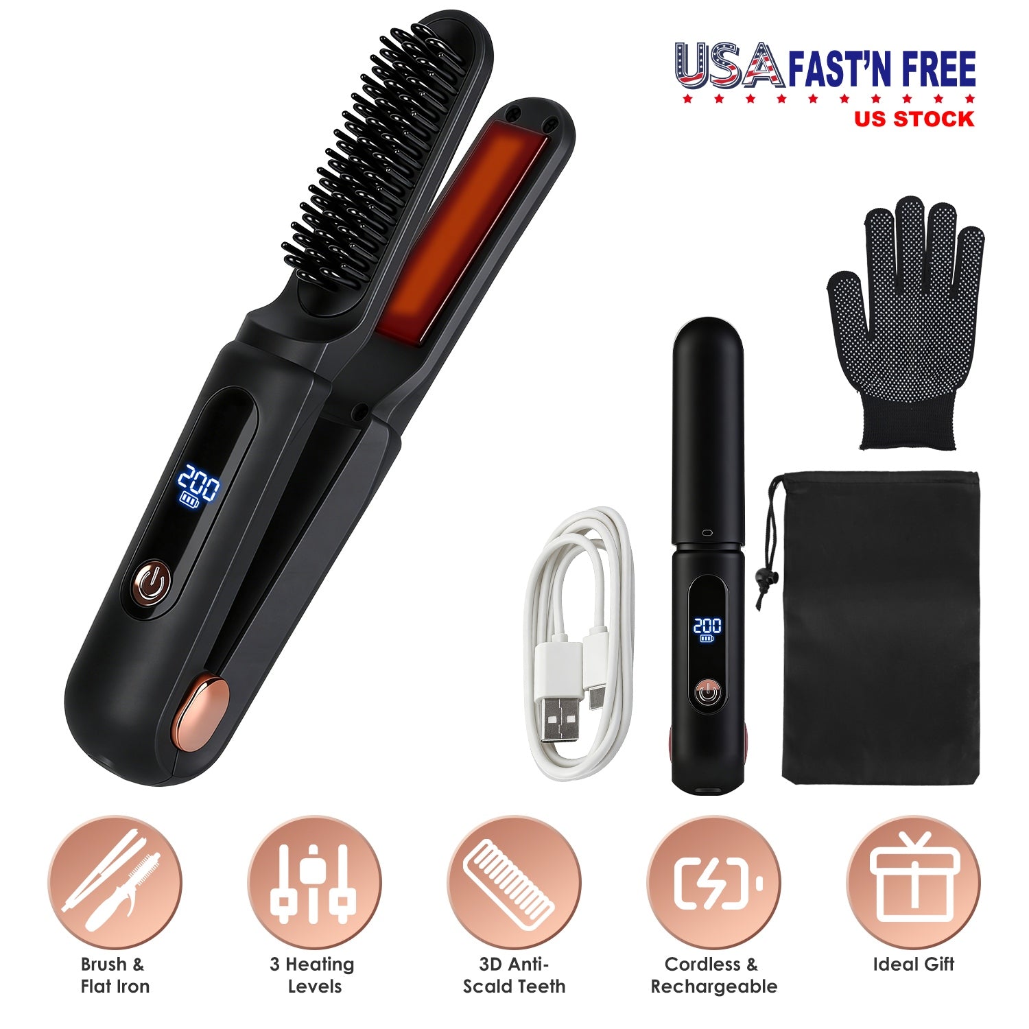 Cordless Hair Straightener Brush 2-in-1 Ceramic Flat Iron GBruno Store