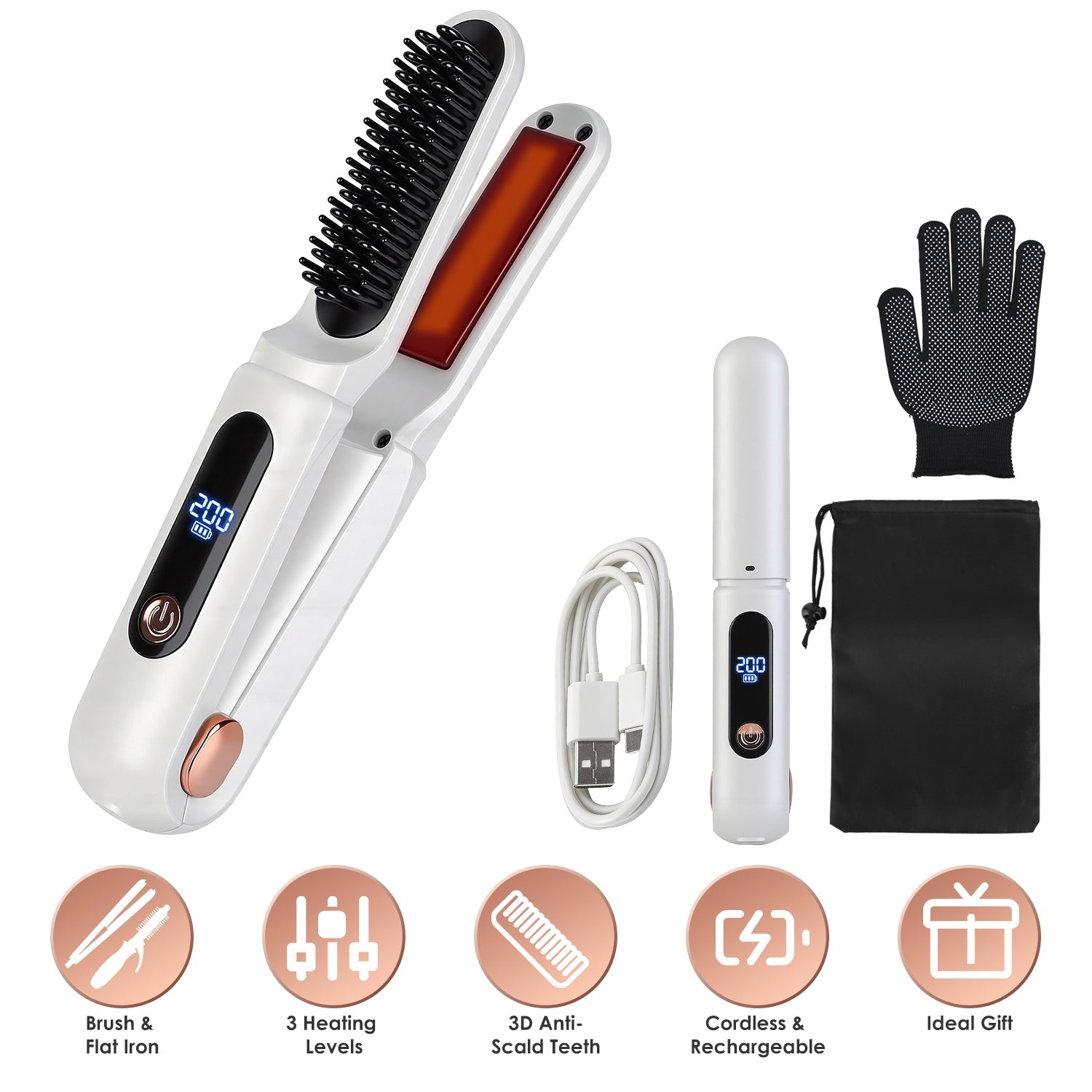 Cordless Hair Straightener Brush 2-in-1 Ceramic Flat Iron GBruno Store