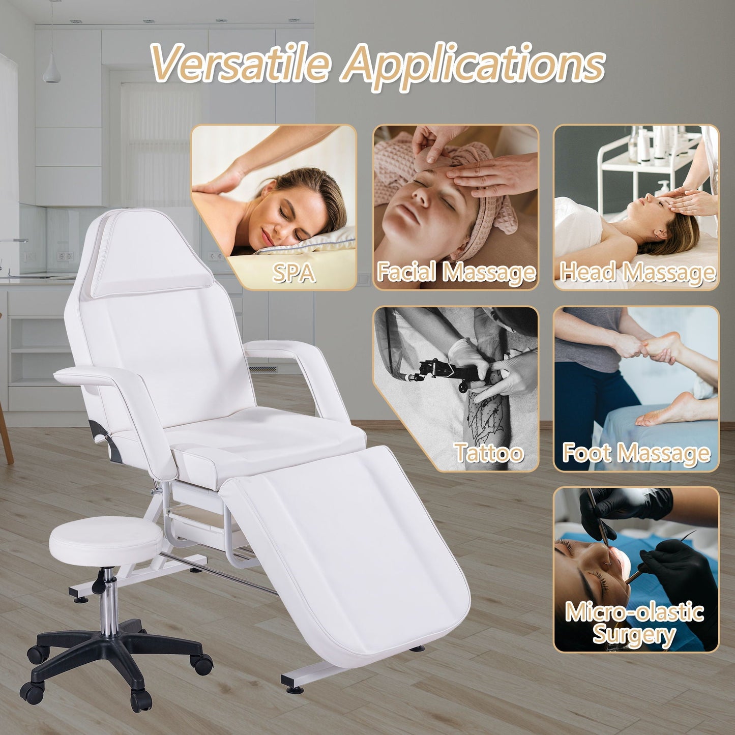 72.8" Massage Salon Tattoo Chair With Two Trays Esthetician Bed With Hydraulic Stool, Multi-Purpose 3-Section Facial Bed Table, Adjustable Beauty Barber Spa Beauty Equipment HouseOfZazla