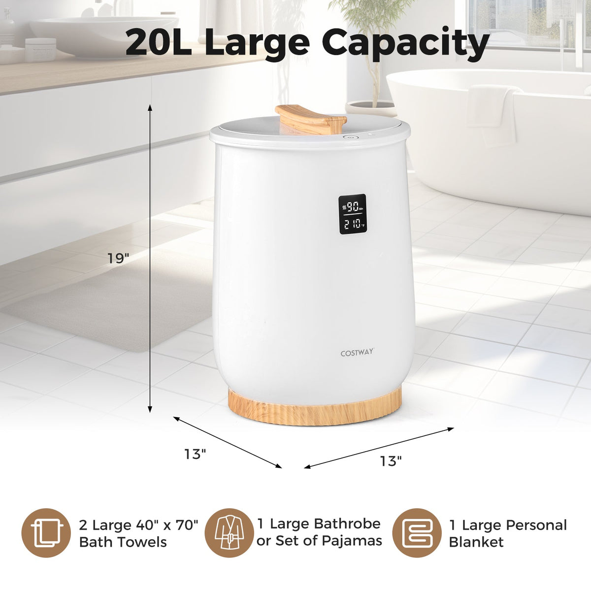 20L Large Heated Towel Warmer with LED Display and Button Control-White DirectDeals