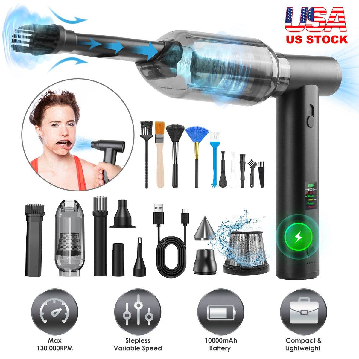 Compressed Air Duster Brushless Motor 130000RPM Stepless Variable Speed 1WmAh Battery Cordless Dust Blower Vacuum Cleaner Portable Jet Dry Blower for GBruno Store