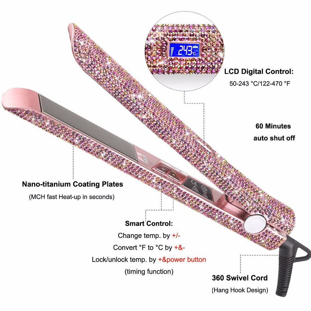Professional Glitter Hair Flat Iron Titanium Plate Diamond Hair Straightener Crystal Hair Styling Hot Tools Elyvora LLC