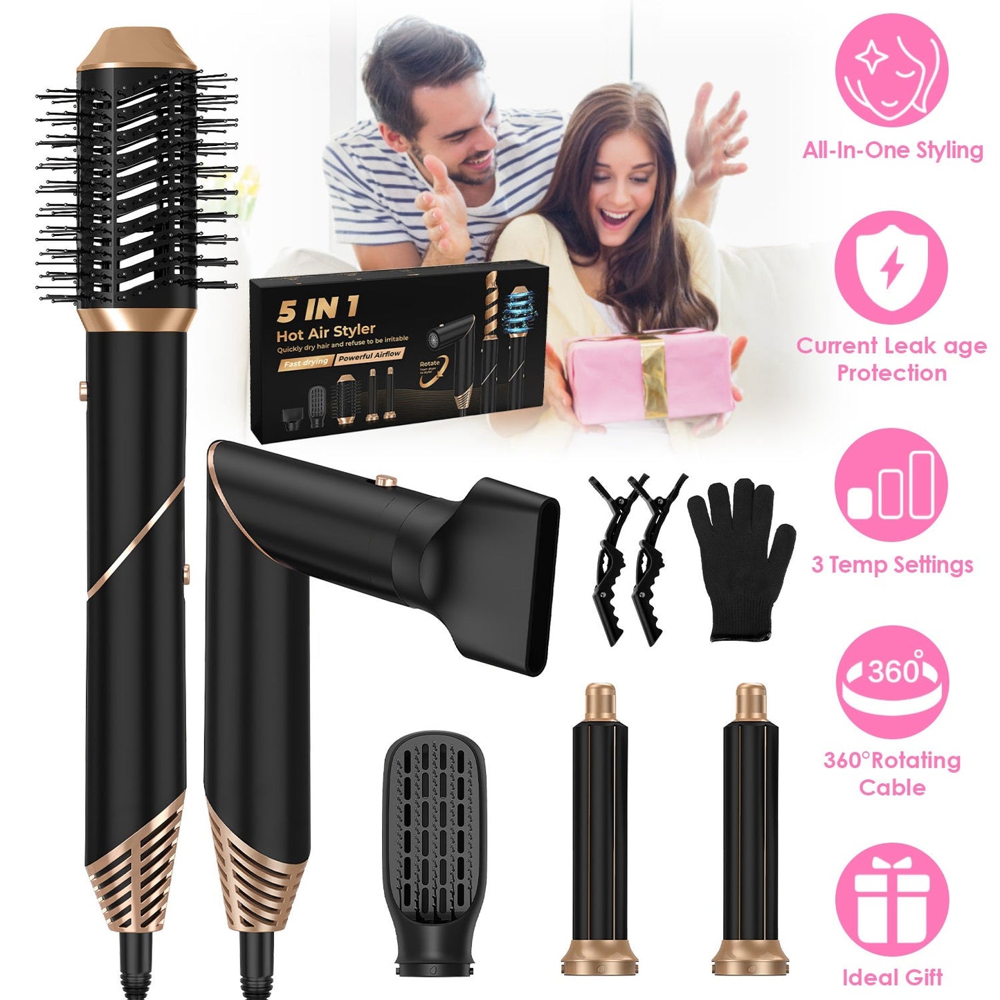 5 In 1 Hot Air Styler Straightener Curler Dryer Automatic Wrap Styler Hair Dryer Brush Set with 3 Temp Settings ALCI Plug Glove Cable Tie 2 Alligator GBruno Store