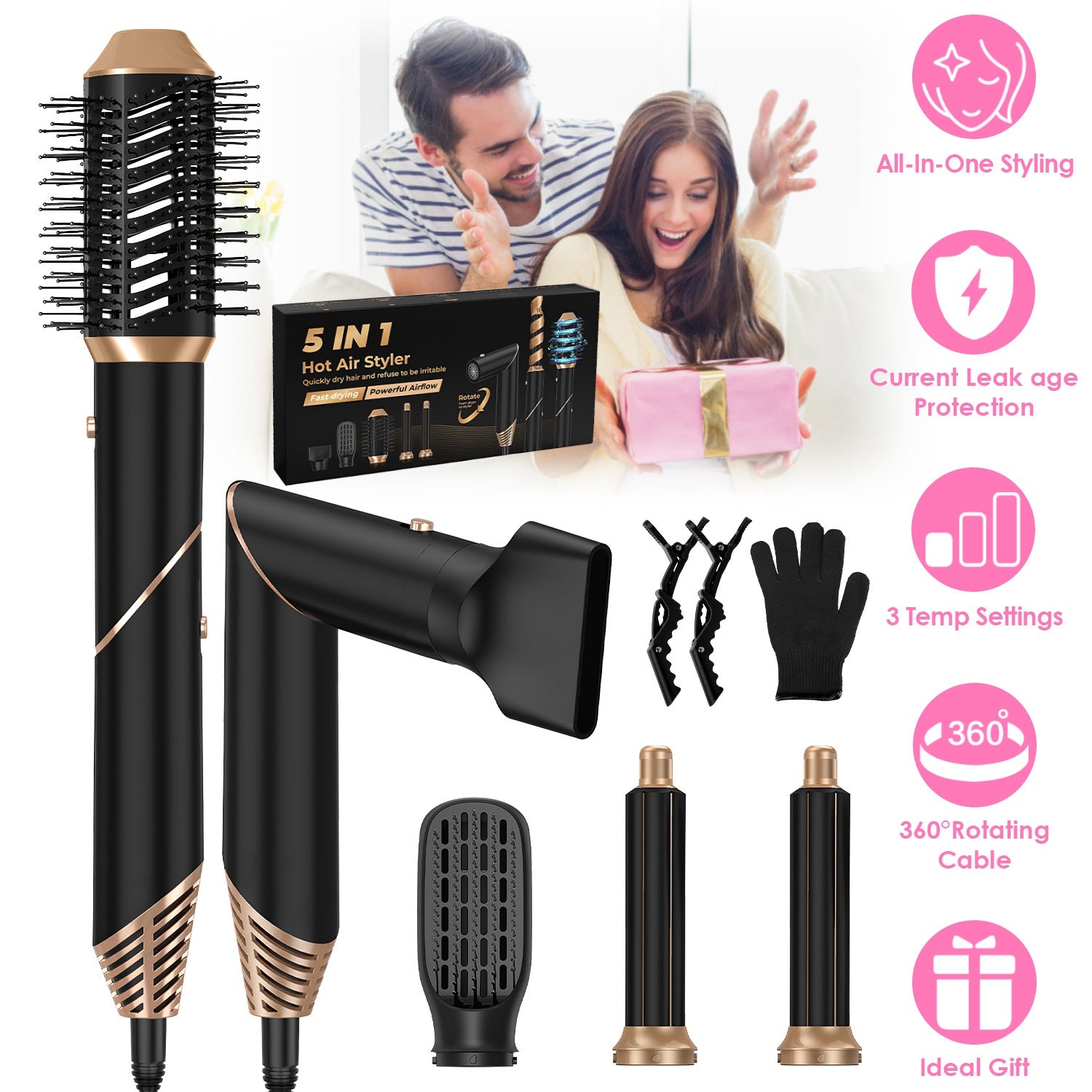 5 In 1 Hot Air Styler Straightener Curler Dryer Automatic Wrap Styler Hair Dryer Brush Set with 3 Temp Settings ALCI Plug Glove Cable Tie 2 Alligator GBruno Store