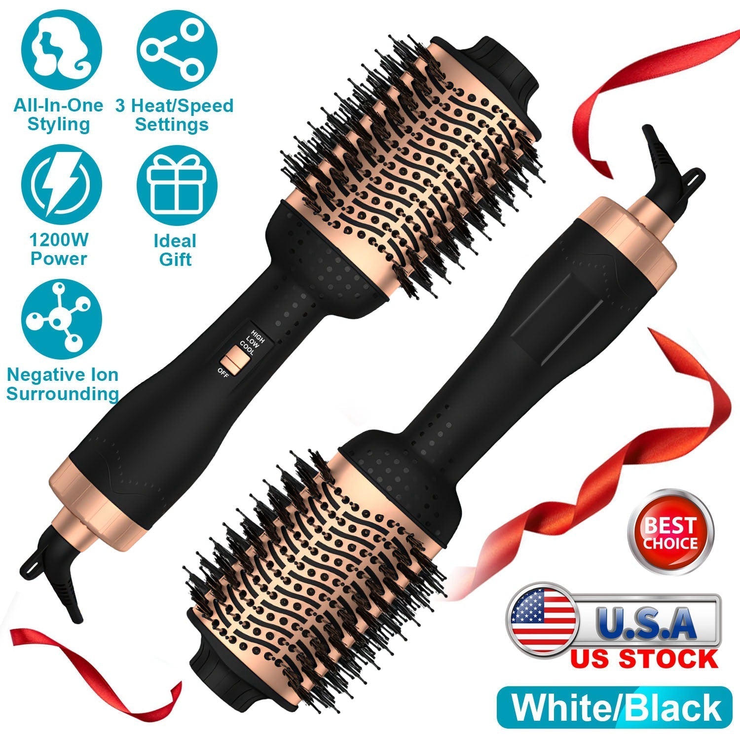 4 In 1 Hair Dryer Brush Curling Brush Hair Styler Volumizer Straightener Negative Ion Anti-frizz Hot-Air Hair Brush for All Hair Types Black White GBruno Store