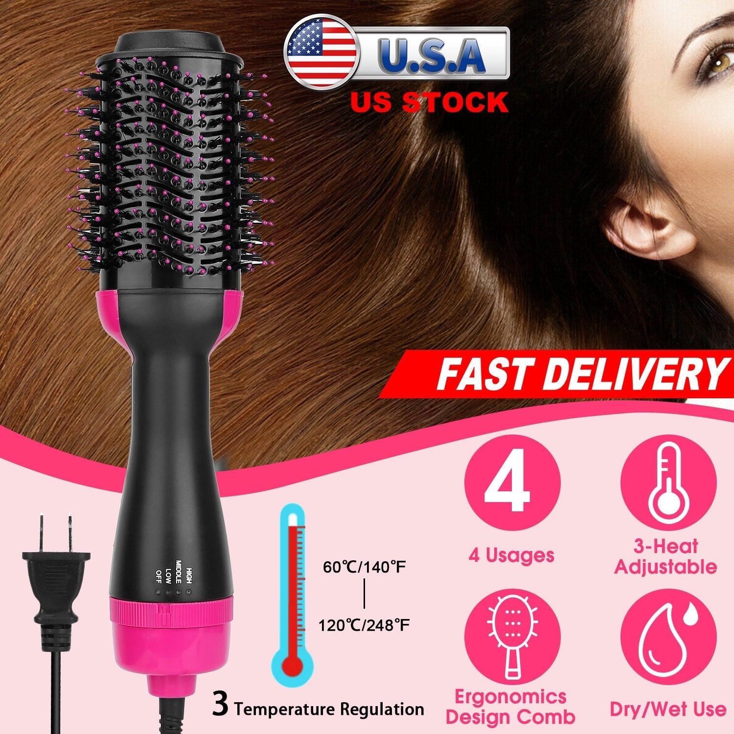 Hot Hair Brush 4 In 1 Hair Dryer Volumizer Brush Dryer Comb For Straightening Curling Drying GBruno Store